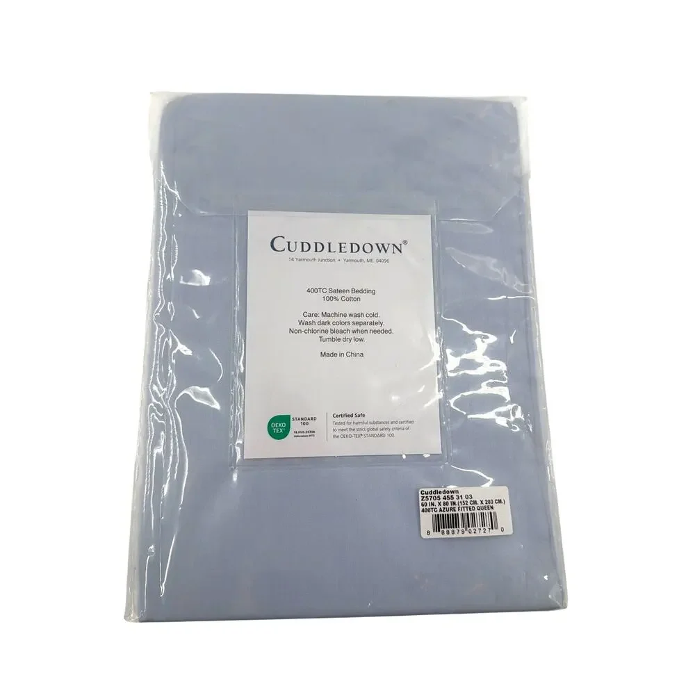 Cuddledown 400 Thread Count Solid Sateen Fitted Sheet Azure Queen Size